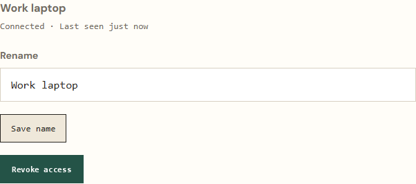 Campfire SMS installation management showing a Work laptop with Rename, Save name, and Revoke controls.